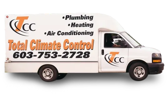 White service van with "Total Climate Control," contact number, and services listed: plumbing, heating, and air conditioning. Company logo "TCC" displayed on the side and front door.