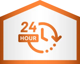 Orange and white icon showing a clock with an arrow, the text "24 HOUR," symbolizing around-the-clock or 24-hour service.
