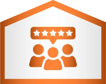 Three orange person icons with a five-star rating above them, inside an orange house-shaped border on a white background.