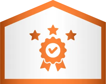 Orange icon of a ribbon with a check mark in the center, flanked by three stars, inside a house-shaped outline.