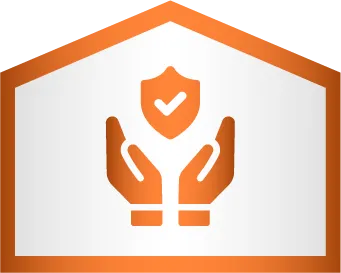 Orange icon of two hands holding a shield with a check mark inside, enclosed within an orange-outlined hexagonal shape.