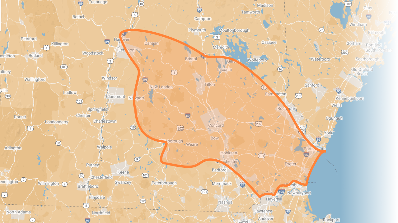 A map highlighting a region in southeastern New Hampshire, including Concord, Manchester, and Portsmouth, outlined in orange.