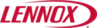 Red Lennox logo with stylized, italicized capital letters and a curved swoosh above and below the text on a transparent background.