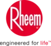 Rheem logo with "engineered for life" slogan; red circle with white "Rheem" text above black and red tagline on white background.