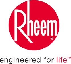 Rheem logo with "engineered for life" slogan; red circle with white "Rheem" text above black and red tagline on white background.